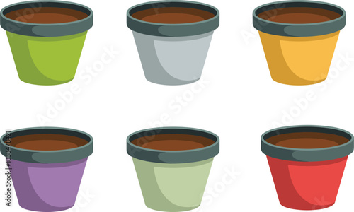 Set of colorful empty plant pots gardening containers assorted plastic planters flower pot collection vibrant garden containers vector illustration home planting accessories