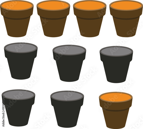 Set of simple empty flower pots terracotta and black planters gardening containers clay plant pots collection vector illustration home garden accessories