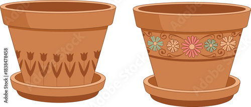 Decorative clay flower pots with floral patterns terracotta planters garden containers empty pottery vases plant pot set cartoon illustration gardening accessories