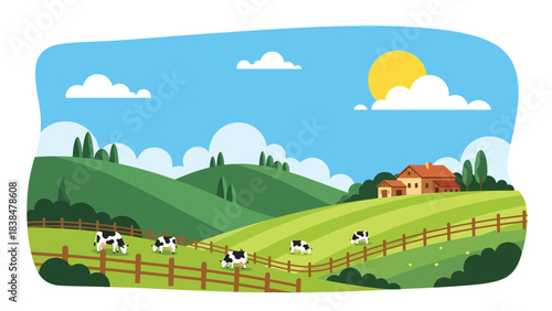 Flat illustration of a peaceful European countryside with rolling hills, farmhouse, wooden fence, and grazing cows. Perfect for rural life, farming, and nature themes