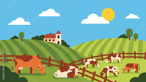 Flat illustration of a peaceful European countryside with rolling hills, farmhouse, wooden fence, and grazing cows. Perfect for rural life, farming, and nature themes