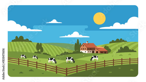Flat illustration of a peaceful European countryside with rolling hills, farmhouse, wooden fence, and grazing cows. Perfect for rural life, farming, and nature themes