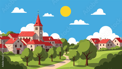 Flat illustration of a traditional European village with red rooftops, stone houses, and a church tower. Ideal for architecture, culture, and rural travel themes