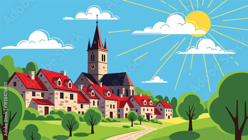 Flat illustration of a traditional European village with red rooftops, stone houses, and a church tower. Ideal for architecture, culture, and rural travel themes