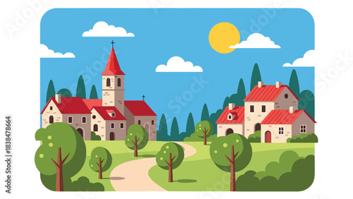 Flat illustration of a traditional European village with red rooftops, stone houses, and a church tower. Ideal for architecture, culture, and rural travel themes