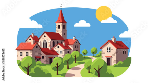 Flat illustration of a traditional European village with red rooftops, stone houses, and a church tower. Ideal for architecture, culture, and rural travel themes