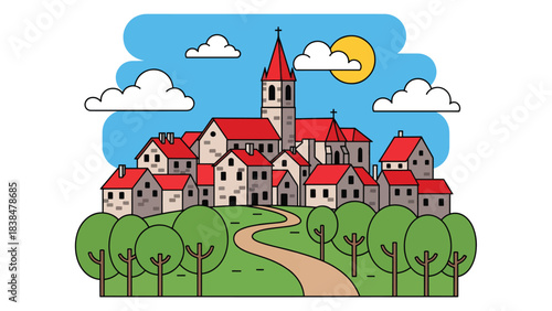 Flat illustration of a traditional European village with red rooftops, stone houses, and a church tower. Ideal for architecture, culture, and rural travel themes