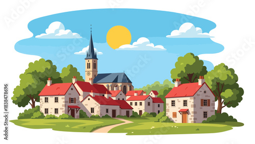 Flat illustration of a traditional European village with red rooftops, stone houses, and a church tower. Ideal for architecture, culture, and rural travel themes