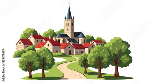 Flat illustration of a traditional European village with red rooftops, stone houses, and a church tower. Ideal for architecture, culture, and rural travel themes