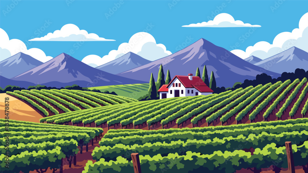 Obraz premium Flat illustration of a vineyard with grapevines, farmhouse, trees, and distant hills. Suitable for travel, food culture, and wine region themes