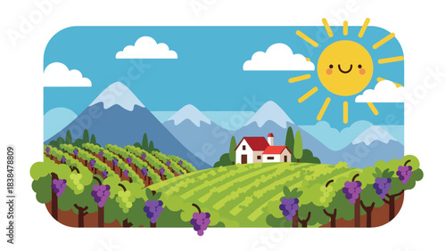 Flat illustration of a vineyard with grapevines, farmhouse, trees, and distant hills. Suitable for travel, food culture, and wine region themes