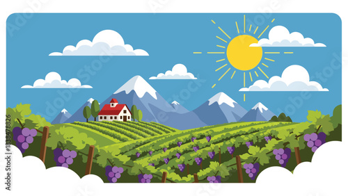 Flat illustration of a vineyard with grapevines, farmhouse, trees, and distant hills. Suitable for travel, food culture, and wine region themes