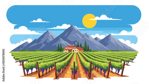 Flat illustration of a vineyard with grapevines, farmhouse, trees, and distant hills. Suitable for travel, food culture, and wine region themes