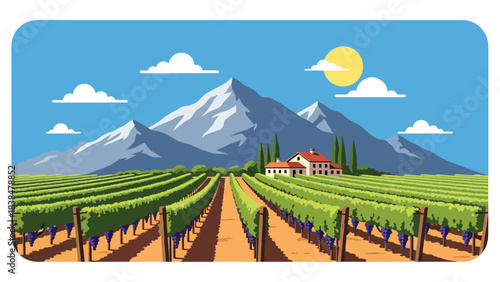 Flat illustration of a vineyard with grapevines, farmhouse, trees, and distant hills. Suitable for travel, food culture, and wine region themes