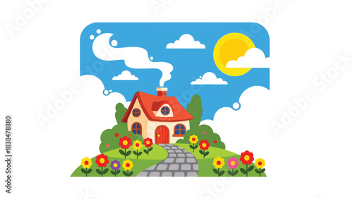 Flat illustration of a cozy countryside cottage with smoking chimney, flowers, and cobblestone path. Ideal for comfort, nature, and rural life themes