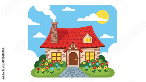 Flat illustration of a cozy countryside cottage with smoking chimney, flowers, and cobblestone path. Ideal for comfort, nature, and rural life themes