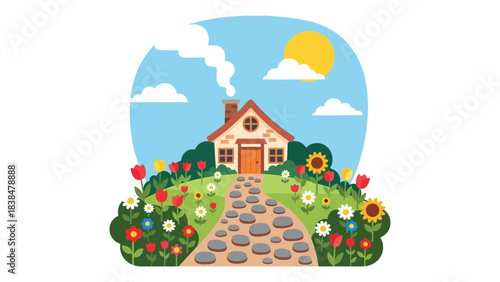 Flat illustration of a cozy countryside cottage with smoking chimney, flowers, and cobblestone path. Ideal for comfort, nature, and rural life themes