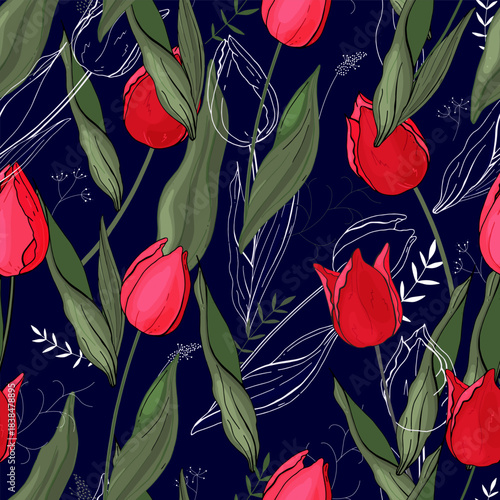 Seamless floral loop pattern of greenery, blossoms, and red tulips forming a decorative ornamental garden texture on a dark background.