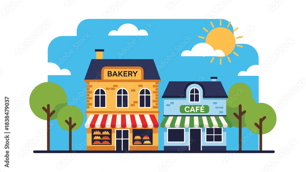 Naklejka premium Flat scene of a village square with bakery, café, bicycles, and people walking. Perfect for travel, lifestyle, and European tourism themes