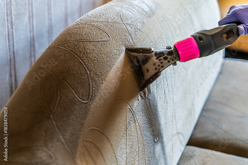 Closeup of upholstered Sofa chemical cleaning