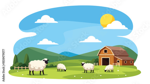 Flat illustration of sheep grazing in a green meadow with barn and hills. Ideal for farming, nature, and peaceful countryside themes