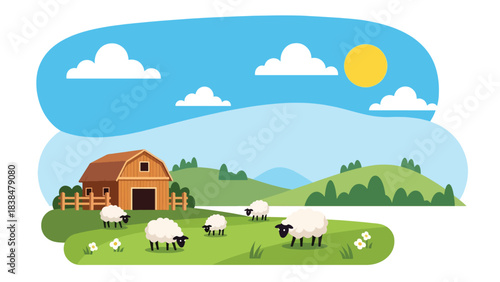 Flat illustration of sheep grazing in a green meadow with barn and hills. Ideal for farming, nature, and peaceful countryside themes