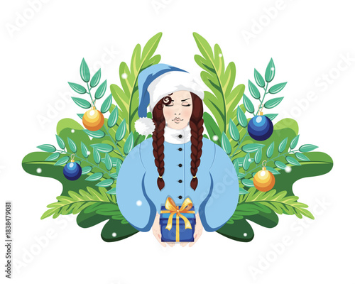 Festive brunette Woman with braids in blue Santa outfit offering a Gift, surrounded by Christmas greenery and Holiday decorations