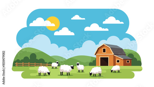 Flat illustration of sheep grazing in a green meadow with barn and hills. Ideal for farming, nature, and peaceful countryside themes
