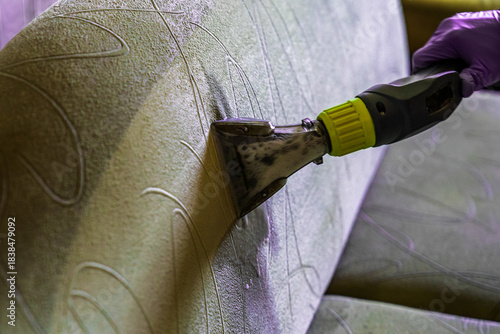 Closeup of upholstered Sofa chemical cleaning