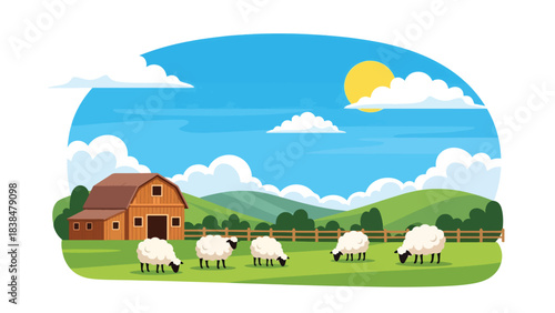 Flat illustration of sheep grazing in a green meadow with barn and hills. Ideal for farming, nature, and peaceful countryside themes