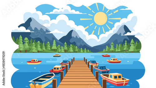 Flat illustration of a lakeside countryside with wooden pier, mountains, and pine trees. Perfect for nature travel and landscape themes
