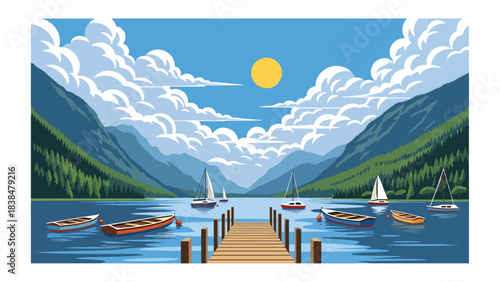 Flat illustration of a lakeside countryside with wooden pier, mountains, and pine trees. Perfect for nature travel and landscape themes