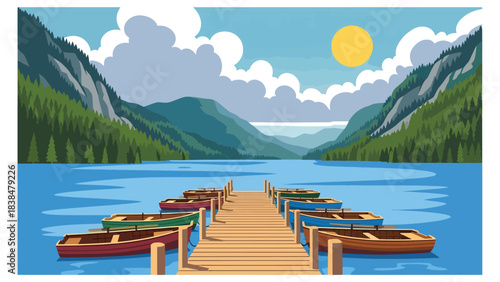 Flat illustration of a lakeside countryside with wooden pier, mountains, and pine trees. Perfect for nature travel and landscape themes