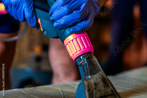 Closeup of upholstered Sofa chemical cleaning