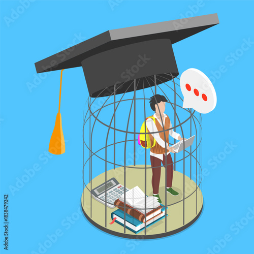 3D Isometric Flat Vector Illustration of Student Loan Trap, A Costly Trap For New Graduates Trapped In The Birdcage Of Education