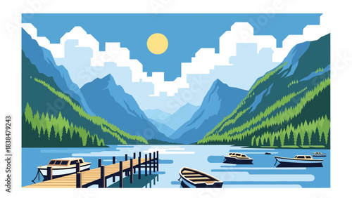 Flat illustration of a lakeside countryside with wooden pier, mountains, and pine trees. Perfect for nature travel and landscape themes