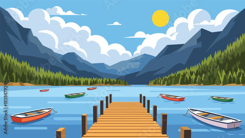 Flat illustration of a lakeside countryside with wooden pier, mountains, and pine trees. Perfect for nature travel and landscape themes