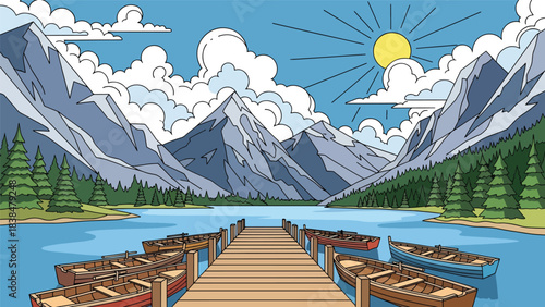 Flat illustration of a lakeside countryside with wooden pier, mountains, and pine trees. Perfect for nature travel and landscape themes