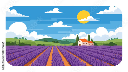 Flat illustration of a lavender field with farmhouse and hills. Ideal for Provence-style travel, aroma themes, and romantic landscapes