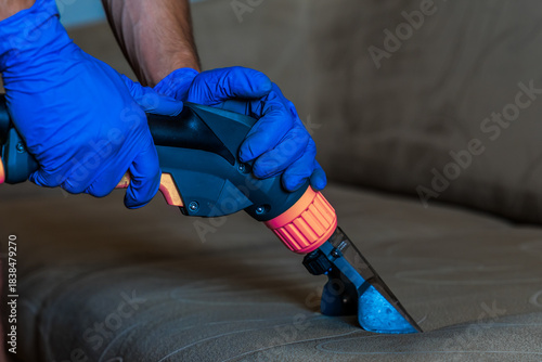 Closeup of upholstered Sofa chemical cleaning
