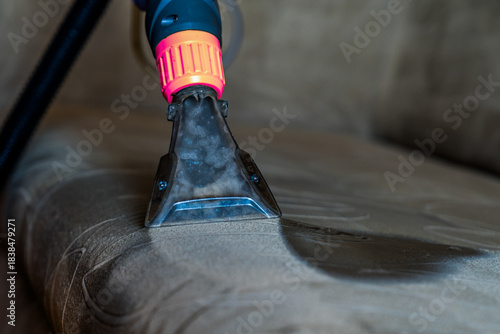 Closeup of upholstered Sofa chemical cleaning