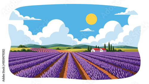 Flat illustration of a lavender field with farmhouse and hills. Ideal for Provence-style travel, aroma themes, and romantic landscapes