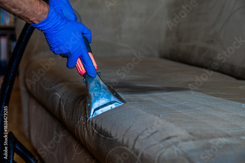 Closeup of upholstered Sofa chemical cleaning