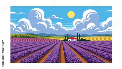 Flat illustration of a lavender field with farmhouse and hills. Ideal for Provence-style travel, aroma themes, and romantic landscapes
