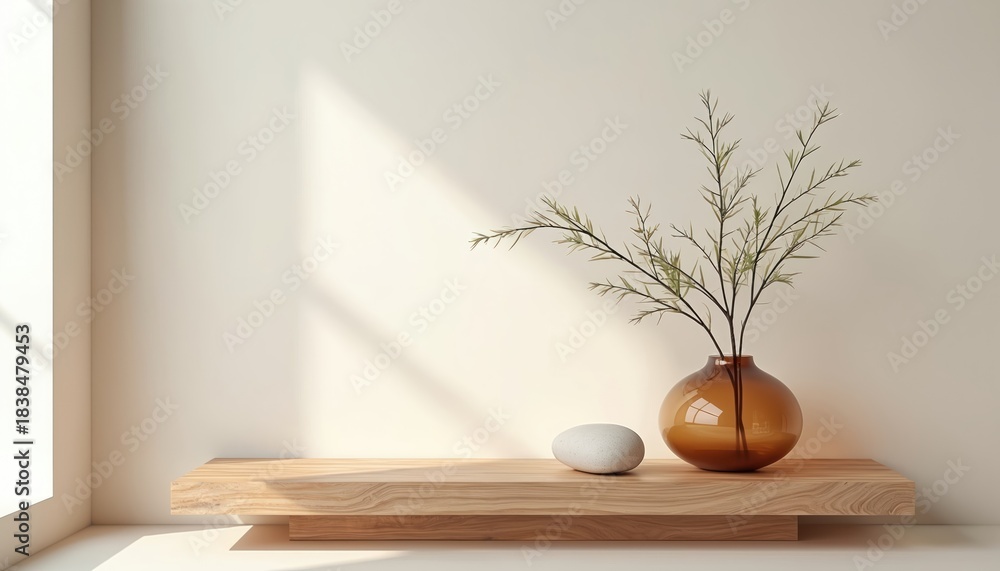 Fototapeta premium Wooden floating shelf for product display. Holds brown vase with green plant branch, smooth pebble stone for natural decor. Bright wall background, soft window light, modern minimal zen interior