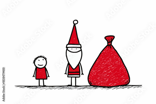 Child’s drawing Santa Claus with child and gift bag on white background for children's books, educational materials, and kids' apparel design with copy space  