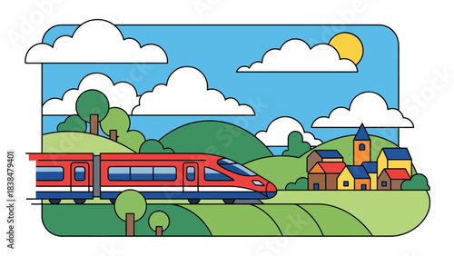 Flat illustration of a train passing through European countryside hills and villages. Perfect for travel, transport, and scenic concepts