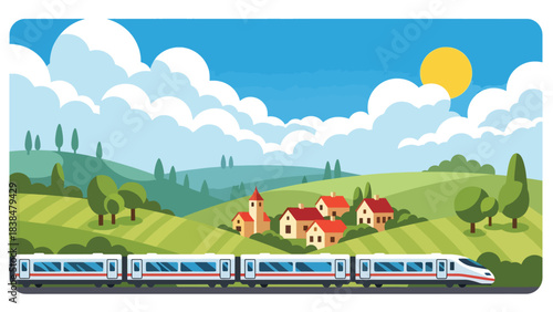 Flat illustration of a train passing through European countryside hills and villages. Perfect for travel, transport, and scenic concepts