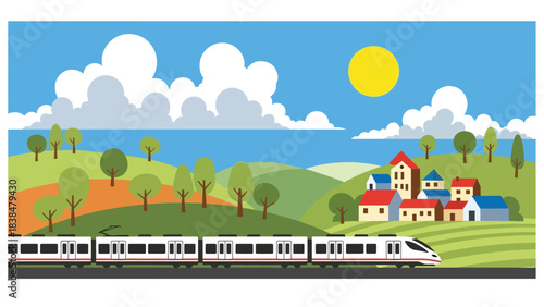 Flat illustration of a train passing through European countryside hills and villages. Perfect for travel, transport, and scenic concepts
