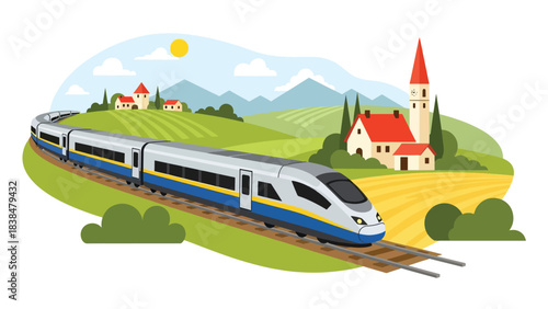 Flat illustration of a train passing through European countryside hills and villages. Perfect for travel, transport, and scenic concepts